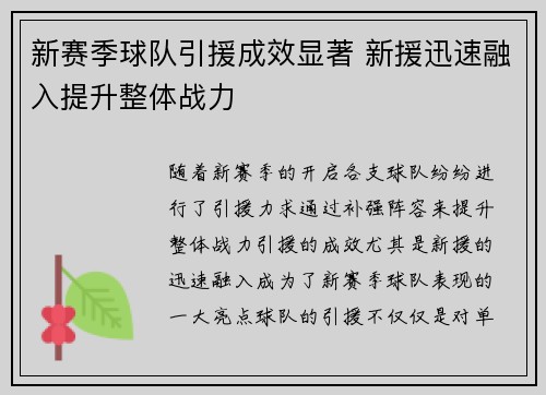 新赛季球队引援成效显著 新援迅速融入提升整体战力