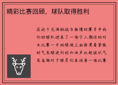 精彩比赛回顾，球队取得胜利