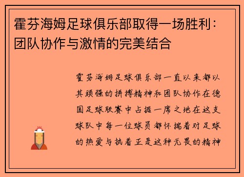 霍芬海姆足球俱乐部取得一场胜利：团队协作与激情的完美结合