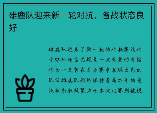 雄鹿队迎来新一轮对抗，备战状态良好