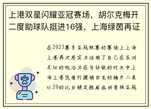 上港双星闪耀亚冠赛场，胡尔克梅开二度助球队挺进16强，上海绿茵再证亚洲足球霸主地位