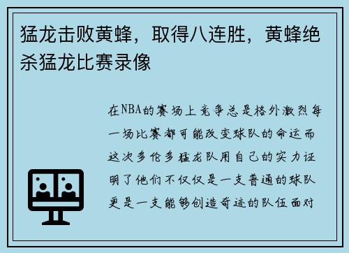 猛龙击败黄蜂，取得八连胜，黄蜂绝杀猛龙比赛录像