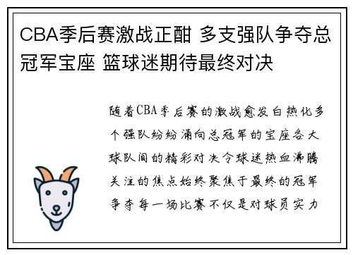 CBA季后赛激战正酣 多支强队争夺总冠军宝座 篮球迷期待最终对决