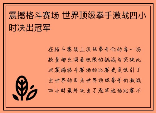 震撼格斗赛场 世界顶级拳手激战四小时决出冠军