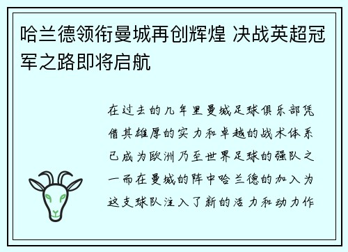 哈兰德领衔曼城再创辉煌 决战英超冠军之路即将启航